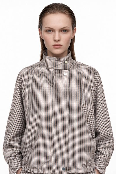 Oversize stand collar square patterned bomber jacket