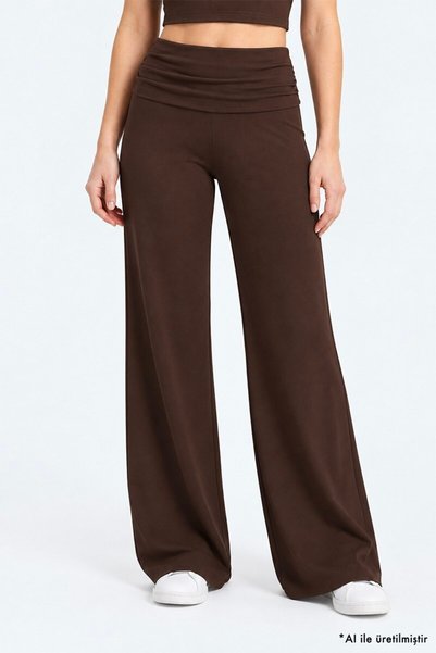 Premium - Drape Collection | Brown Viscose Women's Wide-Leg High-Leg Pants