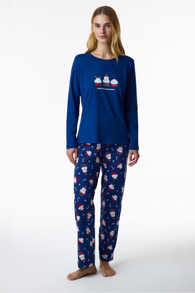 Navy Blue Joyful Cupcakes Christmas Patterned Cotton Long Sleeve Pants Pajama Set
