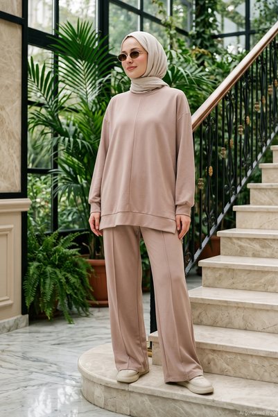 Basic Cotton Blend Tunic and Pants Set 002 Beige.
