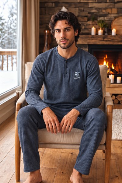 Cotton Soft Touch Patterned Interlock Indigo Long-Sleeved Men's Pajama Set with Half-Buttoned Collar