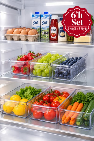 Set of 6 Clear Refrigerator Organizers: 3 Small and 3 Large Interior Organizers