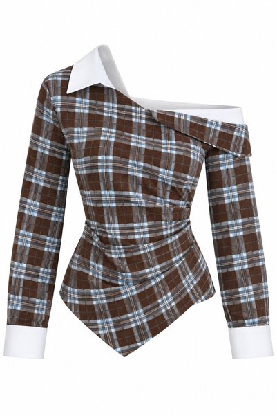 Blue - Brown Drop-Shoulder Padded Shoulder Plaid Shirt - 2y3247