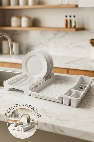 Countertop Foldable Plate Rack with Separate Compartments for Forks and Spoons and a Drying Rack