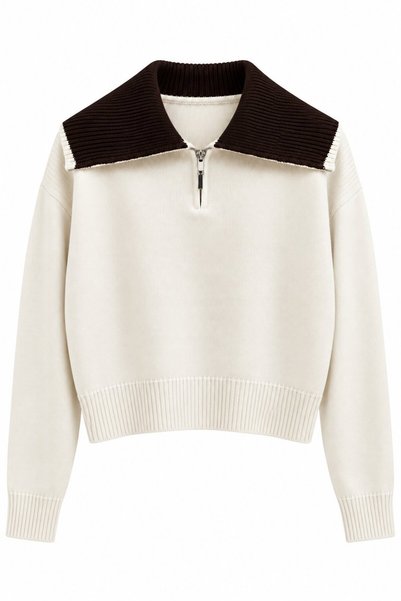 Stone - Coffee-Colored Boat Neck Zipper Sweater - 1273