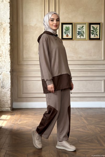 Hooded Set with Ruched-Leg Pants 6689 Khaki