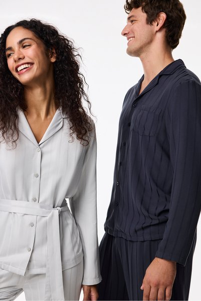 Gray Gaia Satin Striped Long Sleeve Buttoned Shirt Trousers Pajama Set