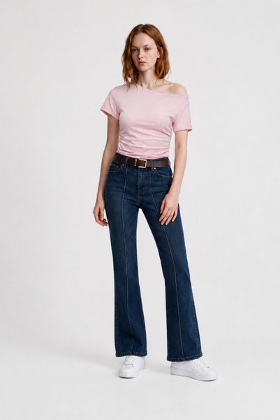 Belted Stylish Flare Women's Striped Jean Pants