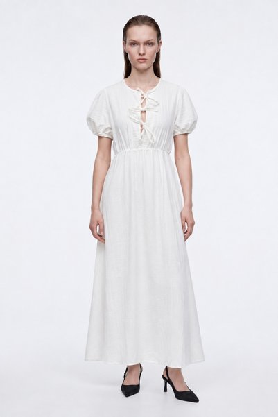 Women's Midi Muslin Dress with Bow Tie Front