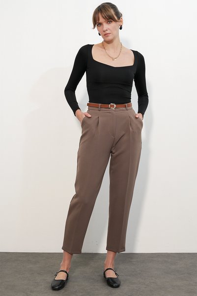 Women's Belted Fabric Pants 30136 - taupe color