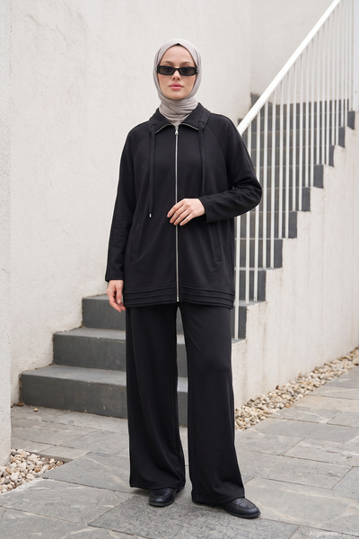 Suit with Front Zippered Pants and Pocket Detail, Style 6644, Black