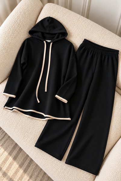 Black Hooded Tunic and Pants Track Suit