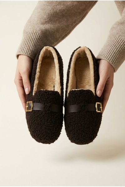 Women's Belt Detail, Lambswool, Soft Sole, Indoor and Outdoor Ballet Flats