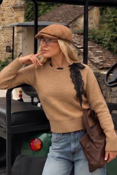 Women's Camel-Neck Lace-and-Collar Detail Soft-Textured Knit Sweater