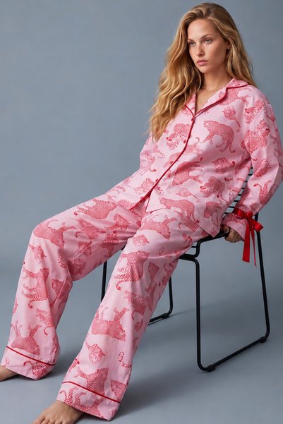 Pink Red Tiger Patterned Ribbon Detailed Soft Tuşe Winter Buttoned Knitted Pajamas Set 8083