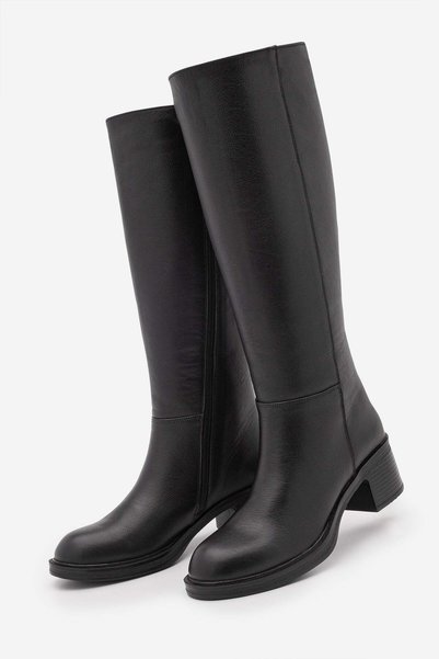 Women's Genuine Leather Zipper-Front Chunky-Heeled Casual Boots - Given Black