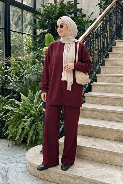 Basic Jersey Set with Tunic and Pants 002 Burgundy