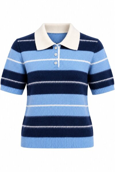 Blue Polo Collar Short-Sleeve Knit Sweater - 1289