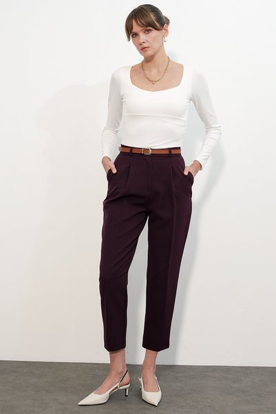 Women's Belted Fabric Pants 30136 - Burgundy