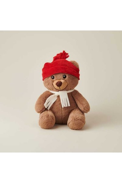 Soft Teddy Bear Print Pillow with Hat - Brown - 27x30 cm