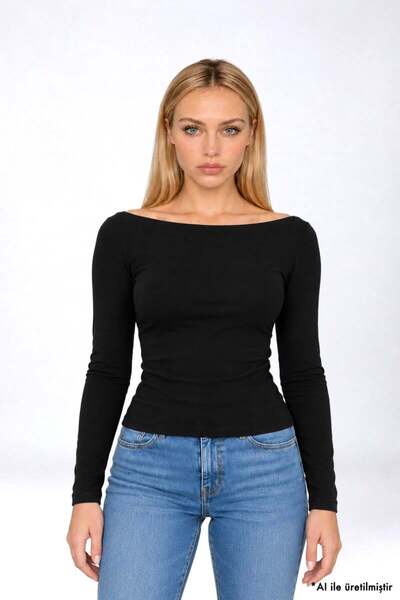 Premium - Lisse Collection | Black Modal-Cotton boat neck long-sleeve body-hugging women's blouse