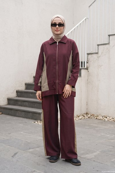 Front Zippered Suit with Wide-Leg Pants, Style 6637, Plum