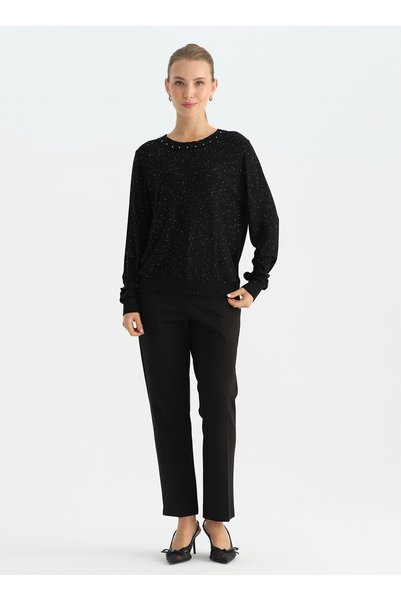 26KSL8578 Black Women's Crew Neck Sequin Knit Blouse