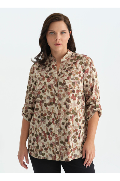 26KSL8556 Green Women's Stand-Up Collar Embroidered Woven Blouse