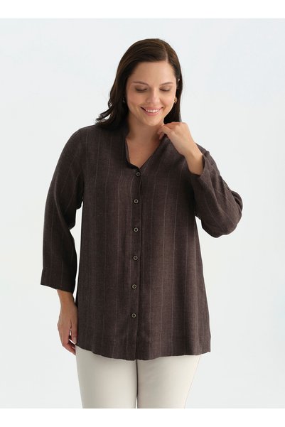 26KSL8545 Brown Women's Stand-Collar Striped Woven Blouse