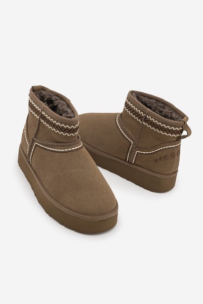 Women's Suede-Look Boots with Embroidery and Seam Details, Fur-Lined Construction, Misel Light Brown Suede