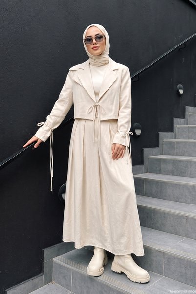 Collar Detail, Tie-Detail Skirt Suit 41337 Stone