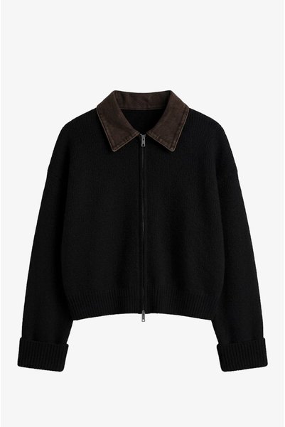 Black Denim Collared Zip-Up Cardigan