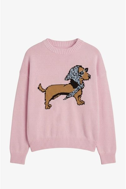 Pink Dachshund-Print Knit Sweater