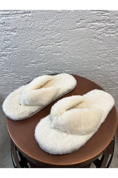 Women's Ecru Plush, Toe-Separated Winter House Slippers, 2 cm BYNDTAVPARAS01