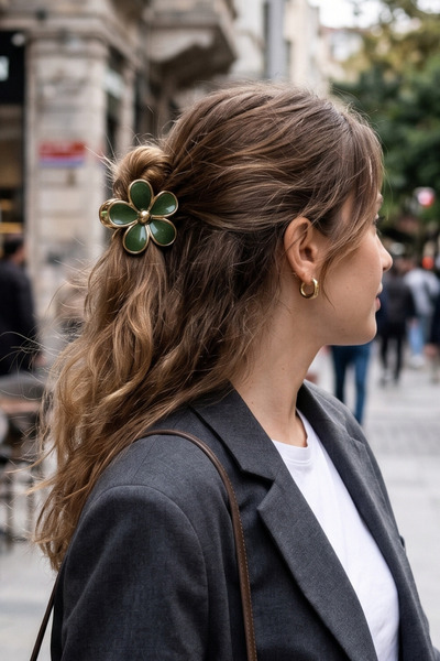 Women's Large Daisy-Patterned Modal Hair Clip with Gold Frame - 9 cm