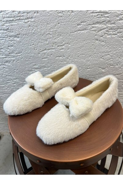 Women's Ecru Plush Winter Ballet Flats with Bow Detail, 1 cm BYNDBSK01