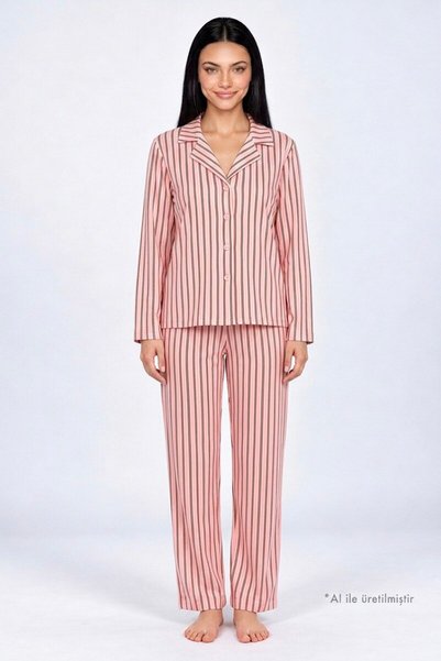 Women's Long-Sleeved Pajama Set with a Shirt Collar and Buttons, Featuring a Soft-Textured Velvet Design with a Powder-Colored Striped Pattern