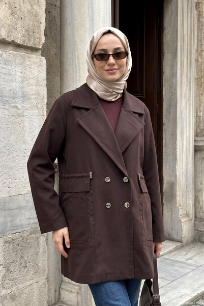 Luna Short Double-Breasted Jacket with Pocketed Sleeves, 815 Brown