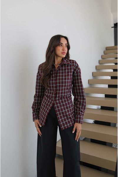 Burgundy Plaid Shirt with a Drawstring Waist