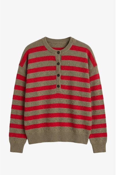 Beige Button-Front Striped Sweater
