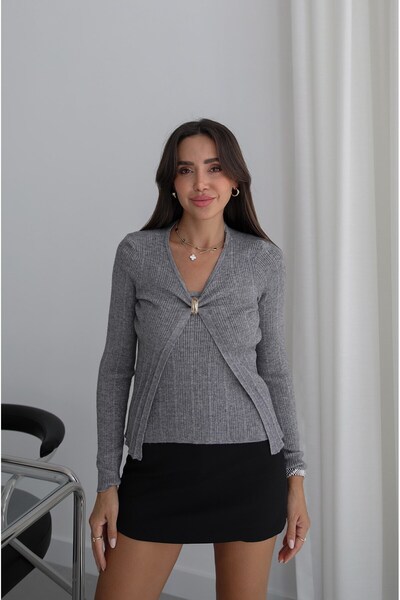 Gray Blouse and Cardigan Set with Gold Accents