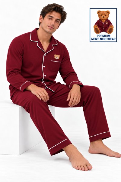 Men's Long-Sleeve Cotton Pajama Set with Bear Embroidered Pockets and Premium Buttons