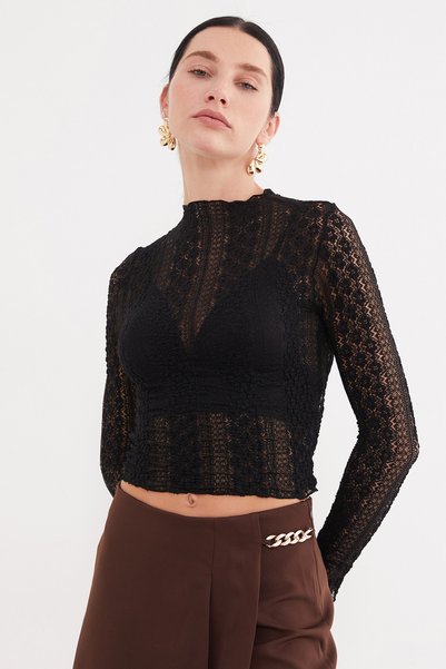 Floral Lace High Neck Transparent Blouse