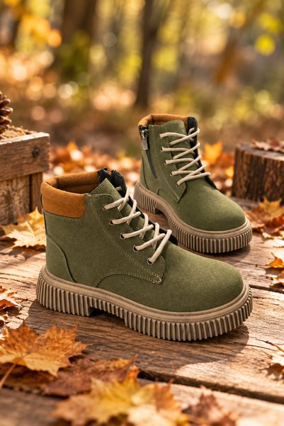 Children's Unisex Khaki Suede Relaxed-Fit Thermal-Sole Lace-Up Boot