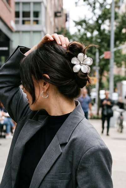 Women's Large Silver-Framed Daisy-Patterned Buckled Clip-On Hair Clip - 9 cm