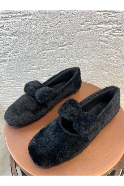 Women's Black Plush Winter Ballet Flats with Bow Detail, 1 cm BYNDBSK01