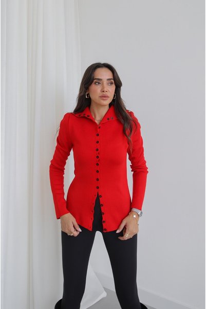 Steel-Knit Cardigan with Red Buttons