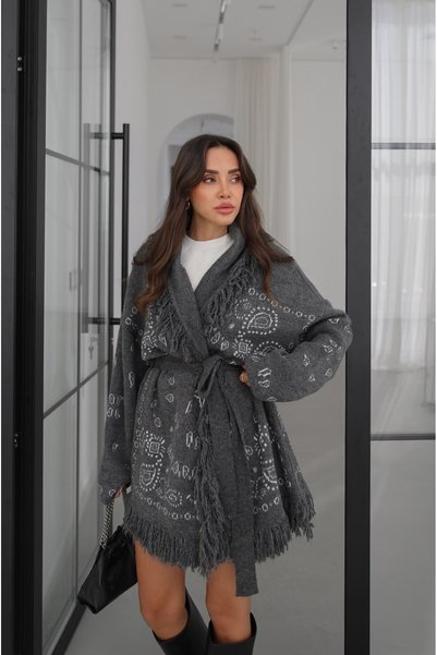 Anthracite-Colored Belted Cardigan with Tasseled Edges