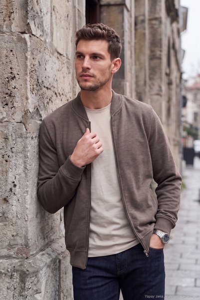 Men’s Cotton Regular Fit College-Style Collar Zip-Up Cardigan CARDIGAN 5905857