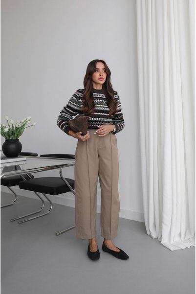 Dark Beige Wool Blend Barrel Pants with Piped Waistband